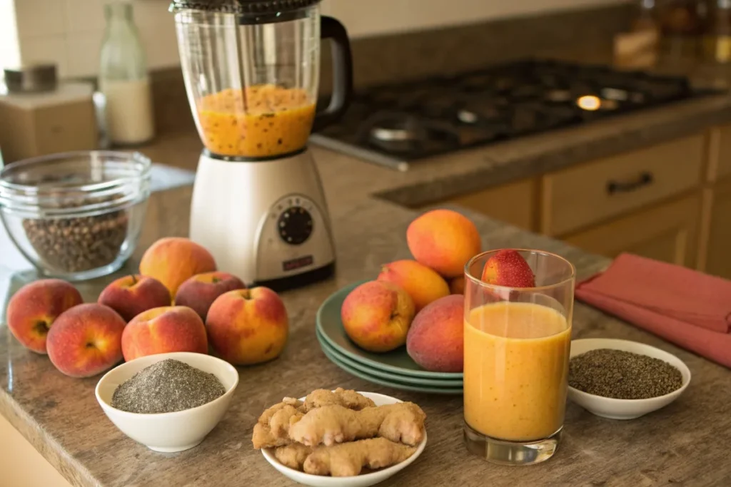 Ingredients for making healthy peach juice, including peaches, a blender, and additional healthy items like ginger and chia seeds.