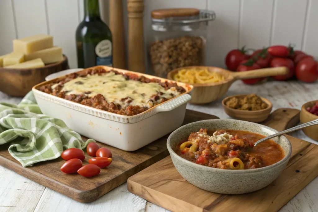 A casserole of cheesy beefaroni and a bowl of Hungarian goulash with fresh ingredients around them.