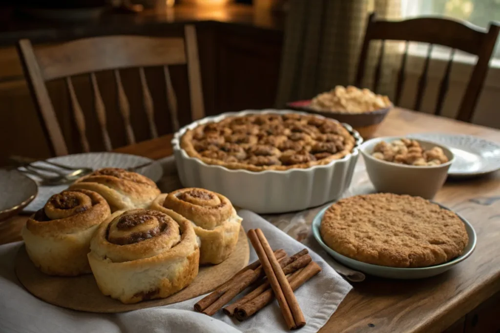 Freshly baked cinnamon rolls, apple pie, and cookies in a cozy kitchen setting with cinnamon sticks