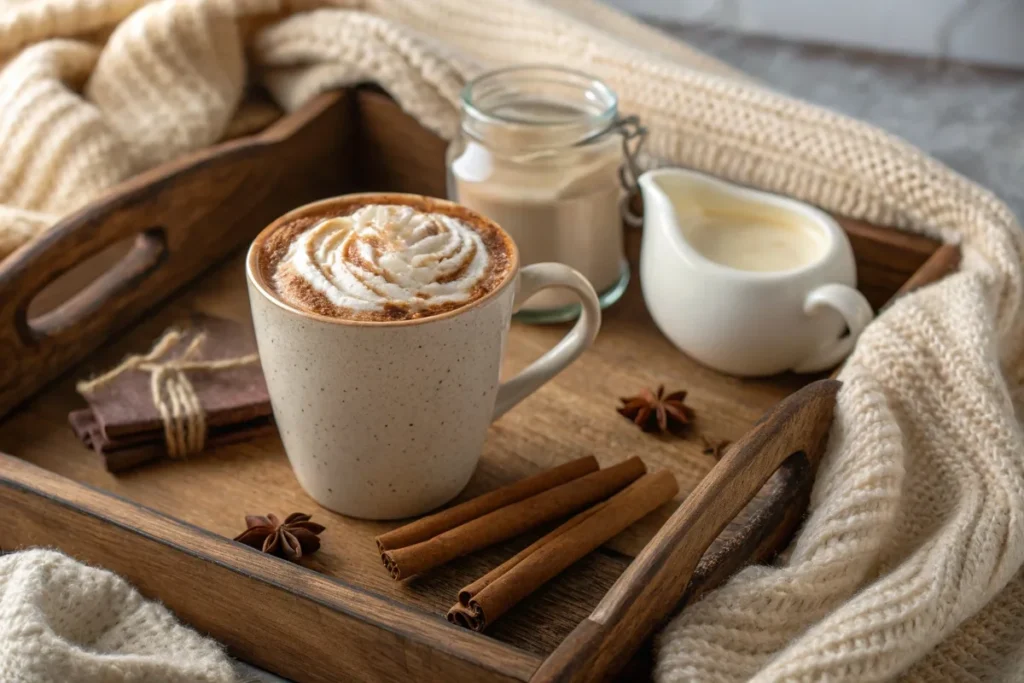 A mug of hot Javy Coffee with frothed milk, cinnamon sticks, and cream on a rustic tray.