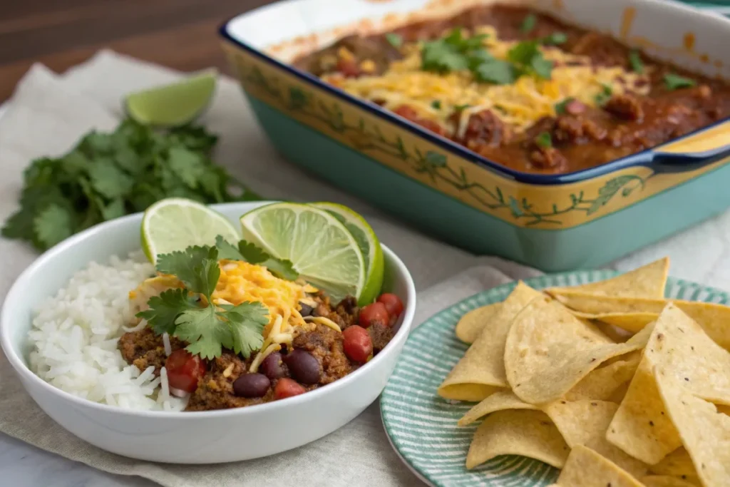 Taco soup repurposed as a topping for rice and in a casserole dish with tortilla chips and cheese.