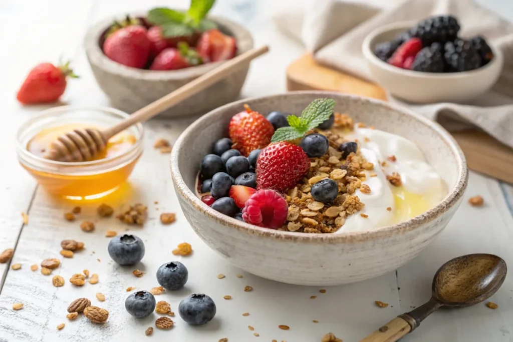 A yogurt bowl with granola, fresh berries, and honey, served in a rustic bowl on a wooden table.