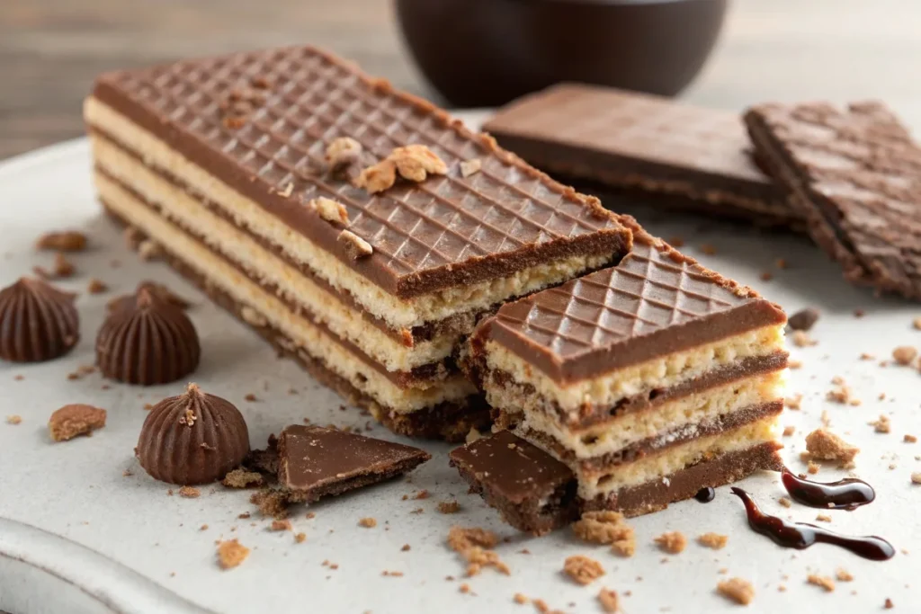 Cross-section of a chocolate wafer with layers of crispy wafer and creamy chocolate filling.