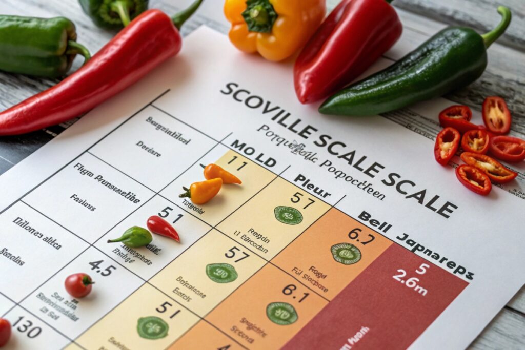 Scoville scale chart showing the mild heat of Peppadew peppers.