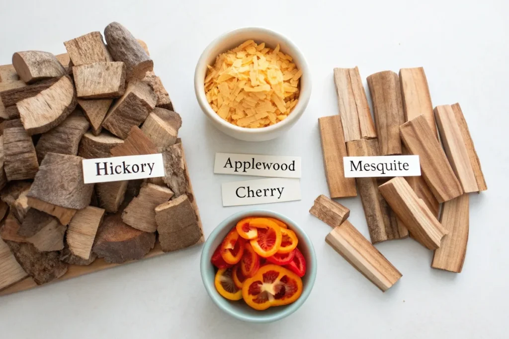 Assorted wood chunks and chips labeled by type, next to shredded cheese and peppers.