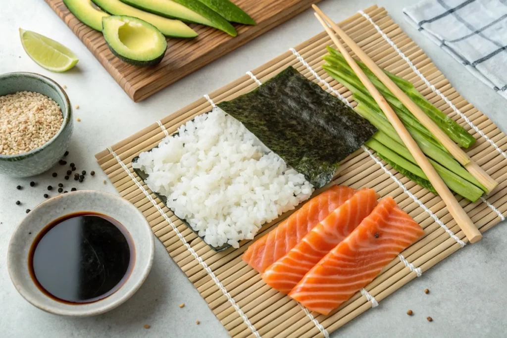 Fresh sushi wrap ingredients laid out on a bamboo mat, including sushi rice, seaweed, salmon, and avocado.