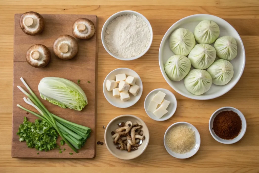 Ingredients for vegetarian soup dumplings, including mushrooms, cabbage, tofu, and flour.