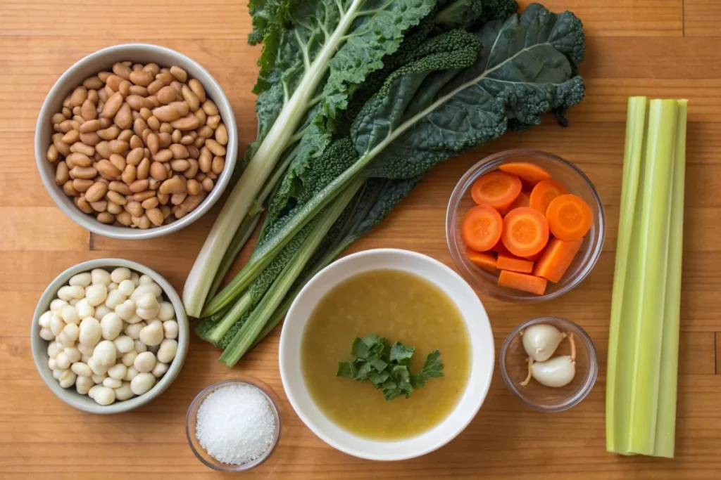 Ingredients for swamp soup, including kale, carrots, celery, beans, and broth.