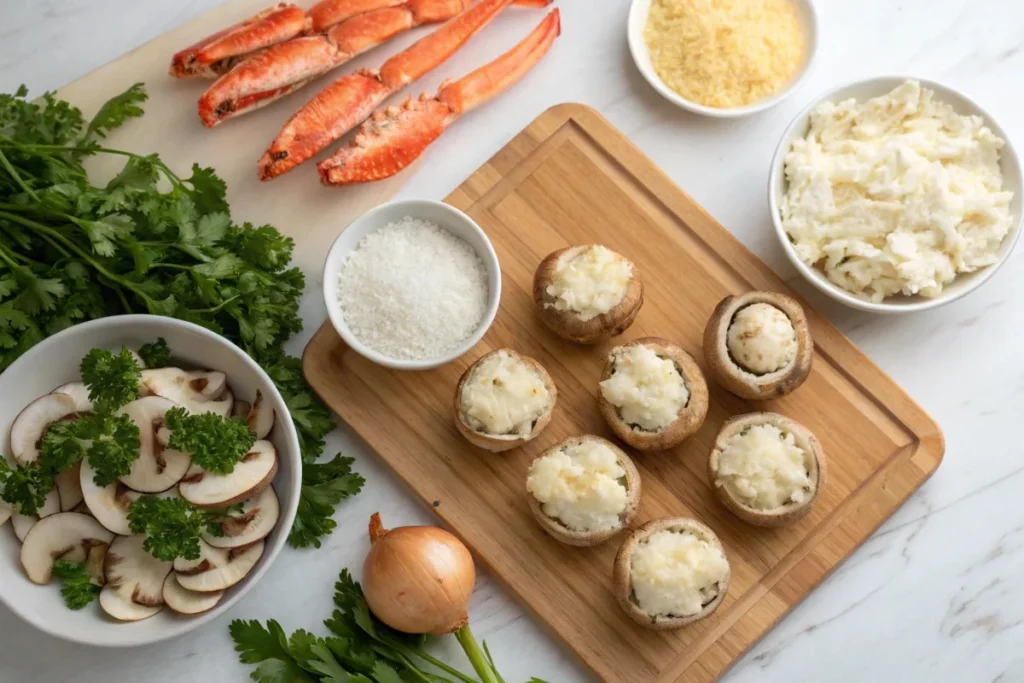 Fresh ingredients for Red Lobster stuffed mushrooms, including mushrooms, crab meat, mozzarella, cream cheese, breadcrumbs, and garlic.