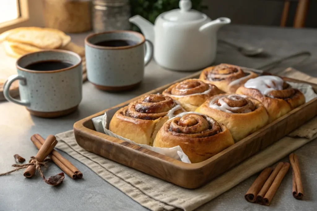 Freshly baked cinnamon rolls with icing on a wooden tray, surrounded by coffee and cinnamon sticks.