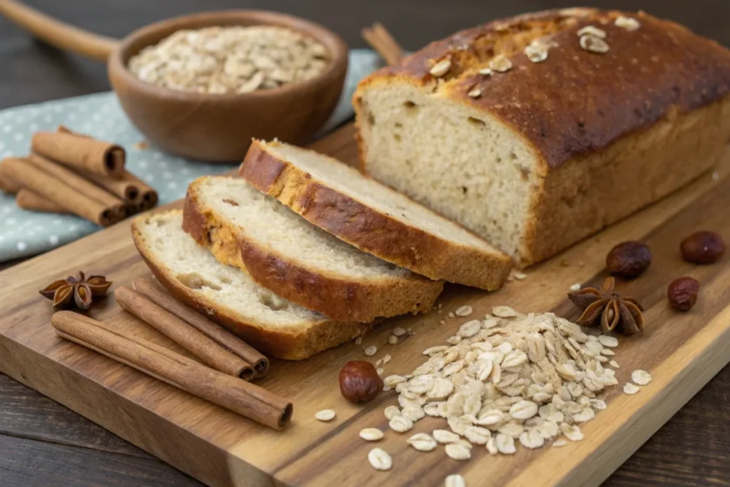 Cinnamon-spiced bread with slices, cinnamon sticks, nuts, and oats in a healthy setup.