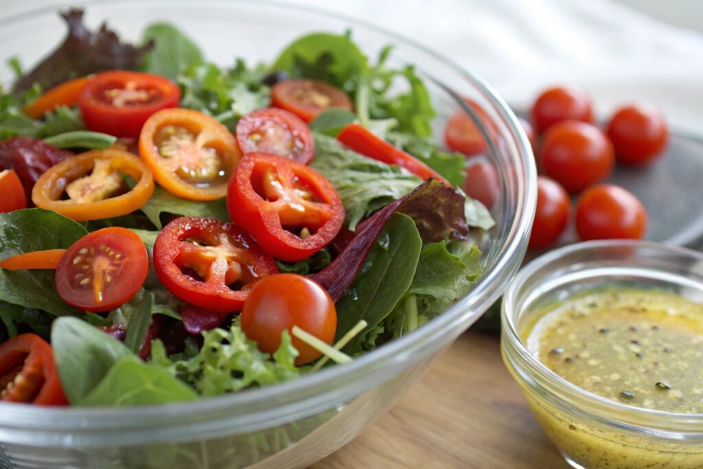 Fresh salad with sliced peppadew peppers, mixed greens, and cherry tomatoes, drizzled with vinaigrette.