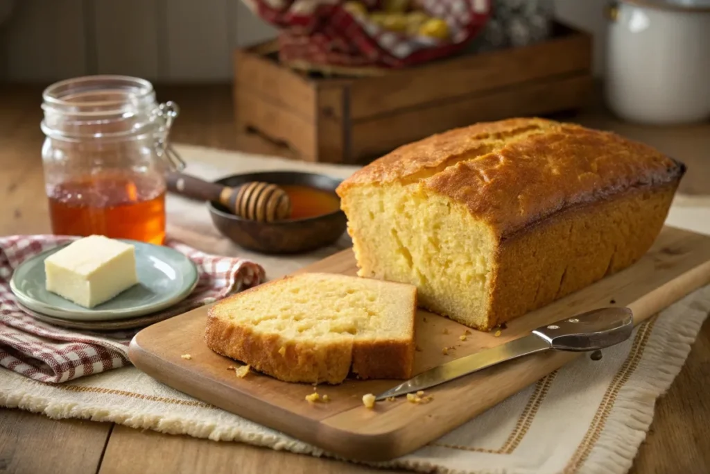 Freshly baked cornbread loaf with butter and honey on a wooden cutting board.