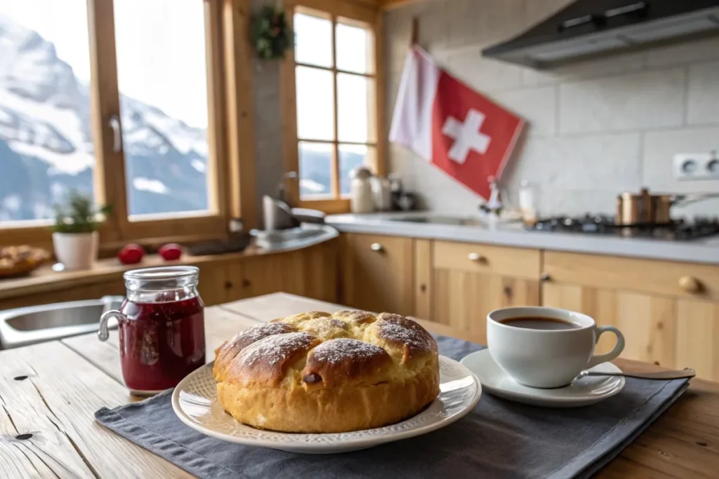 Freshly baked gipfeli with jam and coffee in a Swiss breakfast setting.