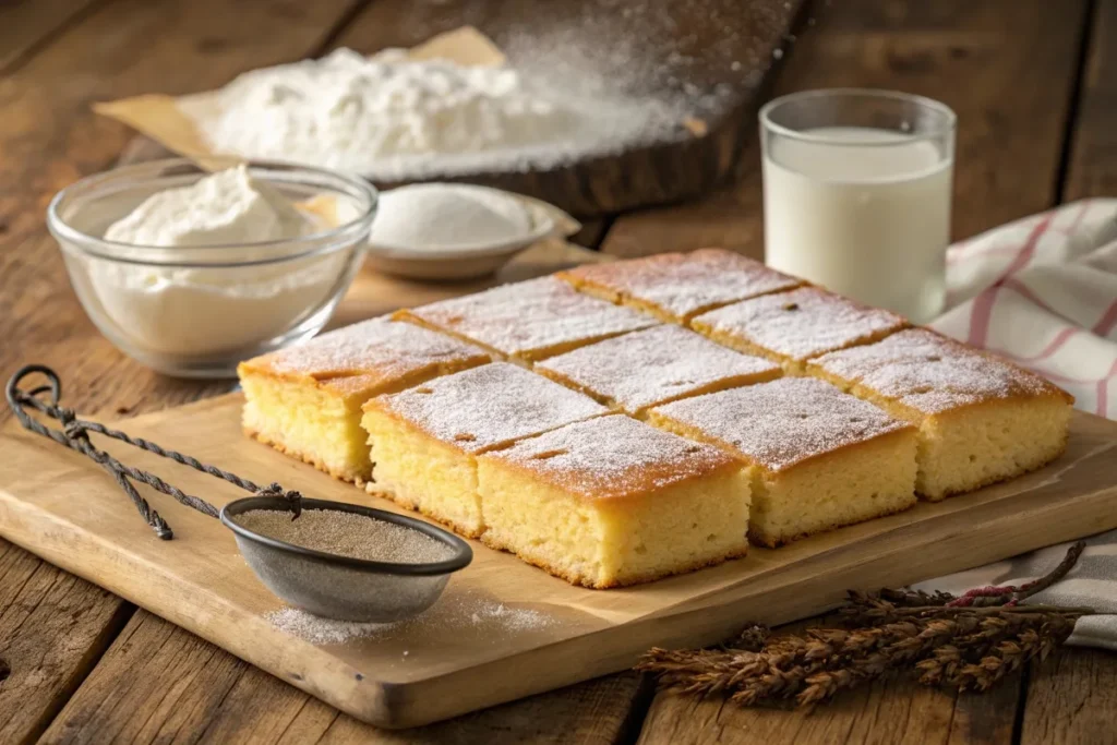 Freshly baked kefir sheet cake, cut into squares, with a fluffy texture and powdered sugar on top.