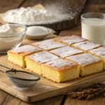 Freshly baked kefir sheet cake, cut into squares, with a fluffy texture and powdered sugar on top.