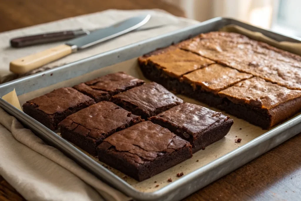 Tray of freshly baked fudgy, chewy, and cakey brownies side by side with a knife.