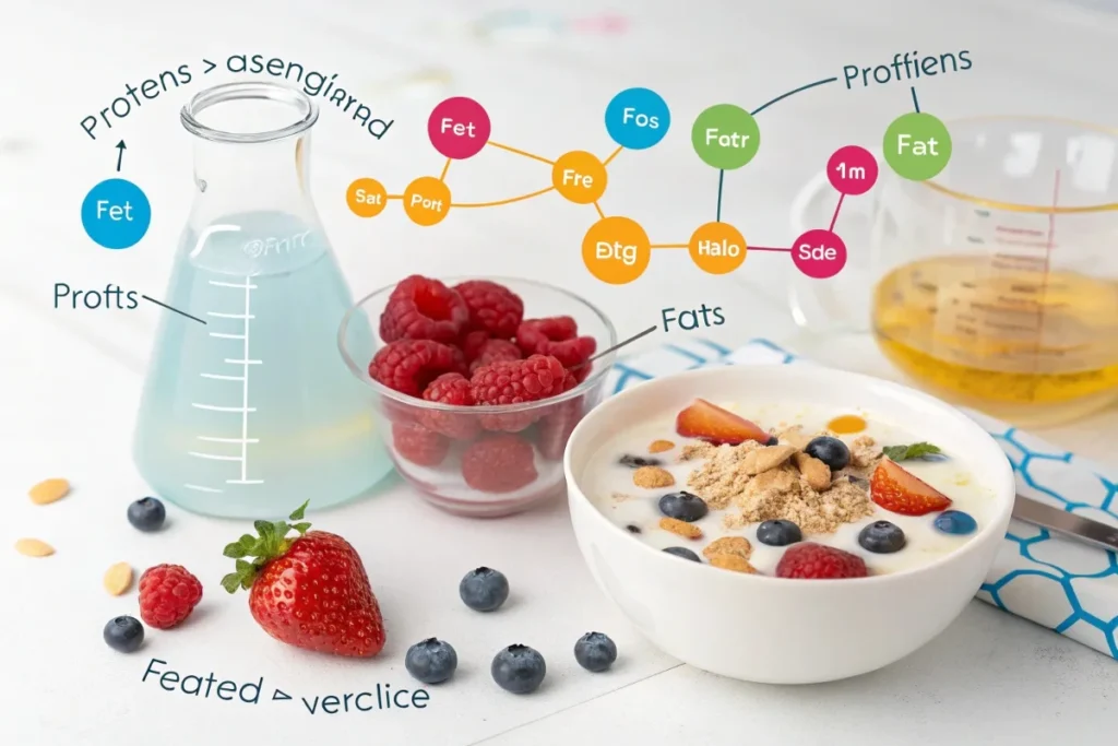 A chemistry-inspired illustration showing yogurt’s composition, with proteins, fats, and water suspended in liquid.