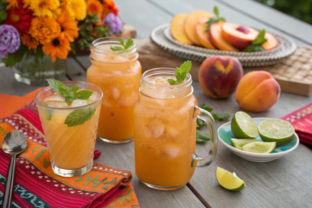 Peach juice, peach smoothie, and peach cocktail with mint and lime on a festive table.