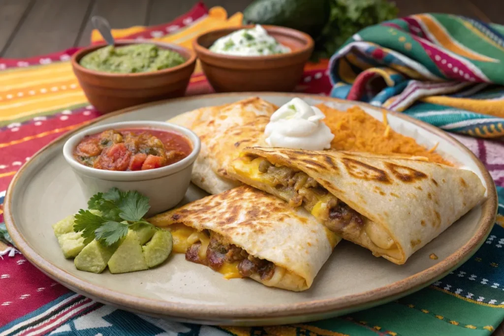 Frozen burrito wrapped in a cheesy quesadilla with salsa, guacamole, and sour cream on the side.