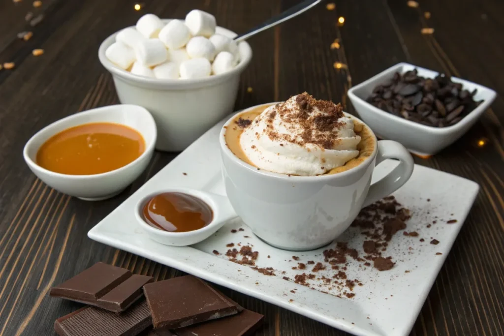 Javy Coffee topped with whipped cream, cocoa powder, and cinnamon on a wooden table.