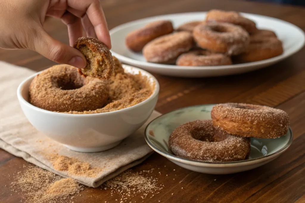 Hand dipping a warm gingerbread donut into cinnamon sugar, creating a perfect crunchy, sweet coating for a delicious holiday treat.