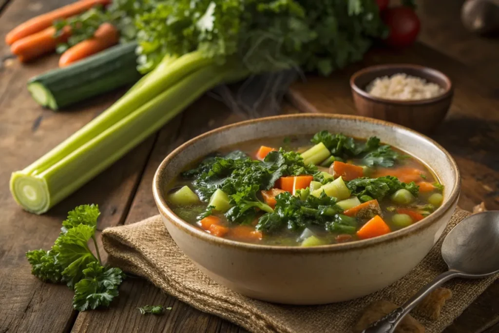 A hearty bowl of swamp soup with fresh vegetables and herbs.