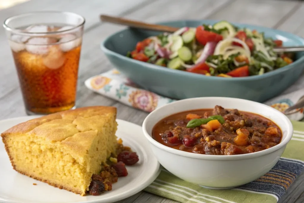 Cornbread served with chili and a colorful salad for a balanced meal.