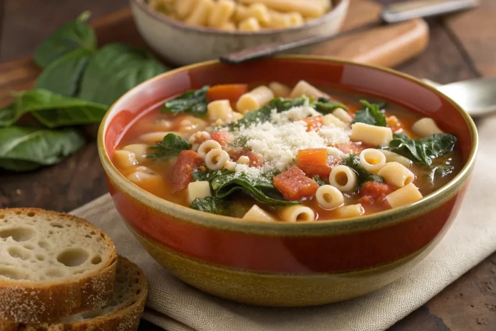 A bowl of hearty soup with ditalini pasta, spinach, and white beans in a light tomato broth.