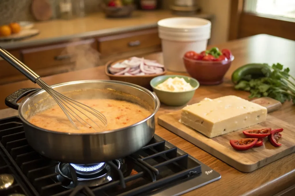 Chipotle-style queso being cooked in a saucepan with fresh ingredients on a kitchen counter.