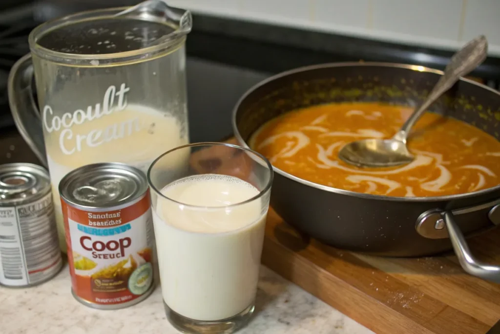 Heavy cream, milk, and coconut milk used to add richness to soup.