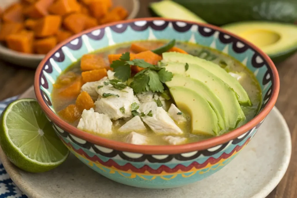 A creative variation of caldo de pollo with hominy and sweet potatoes, garnished with avocado slices.