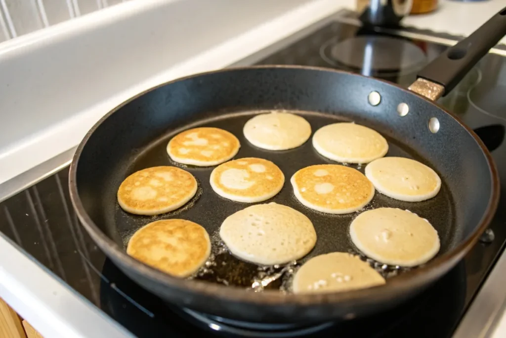 Mini pancakes bubbling on a skillet, ready to be flipped.