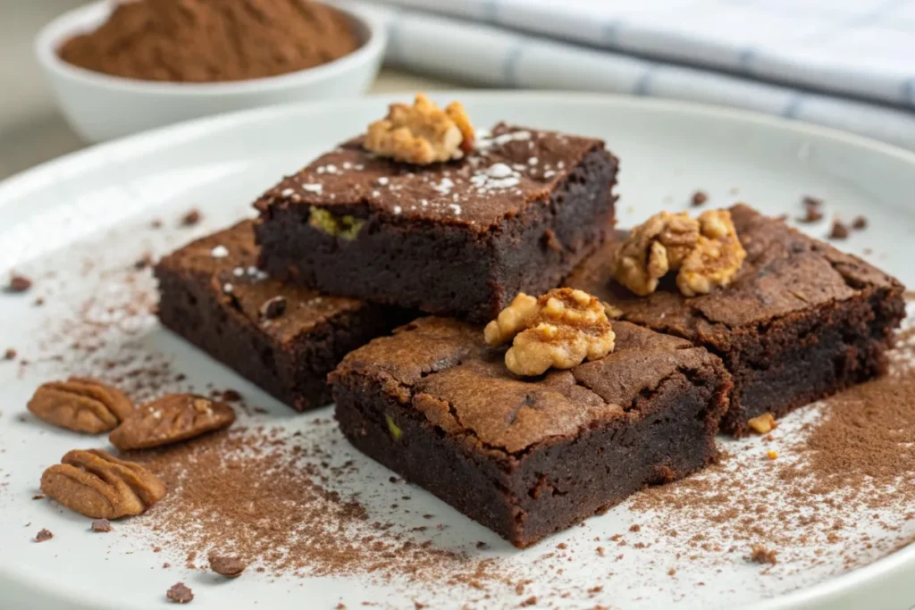 Classic brownies with a crackly top, moist interior, and garnished with walnuts on a plate.