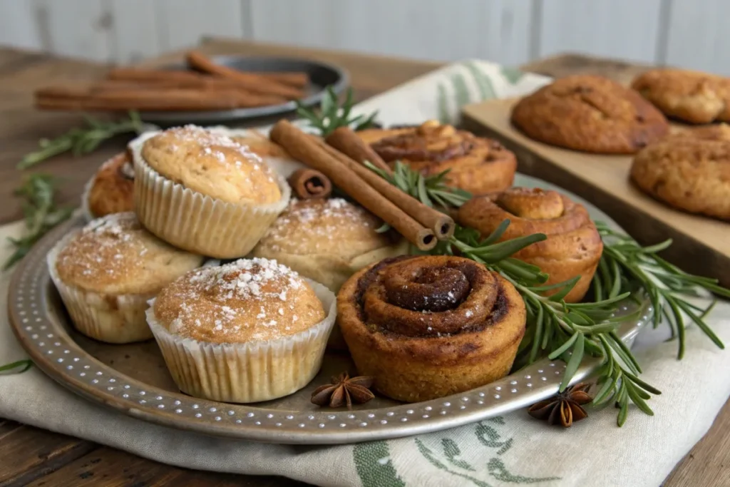 Cinnamon-spiced muffins and savory pastries on a platter, garnished with cinnamon sticks and herbs.