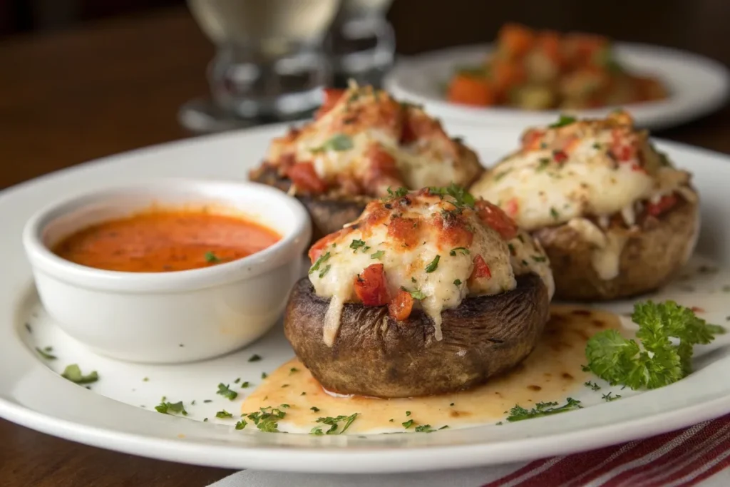 A plate of Red Lobster stuffed mushrooms with gooey melted cheese, served with a dipping sauce and fresh parsley.