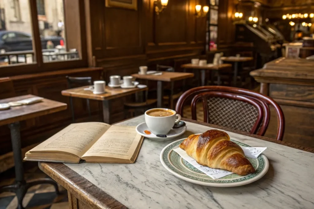 Golden croissant on a plate with espresso in a French café setting.