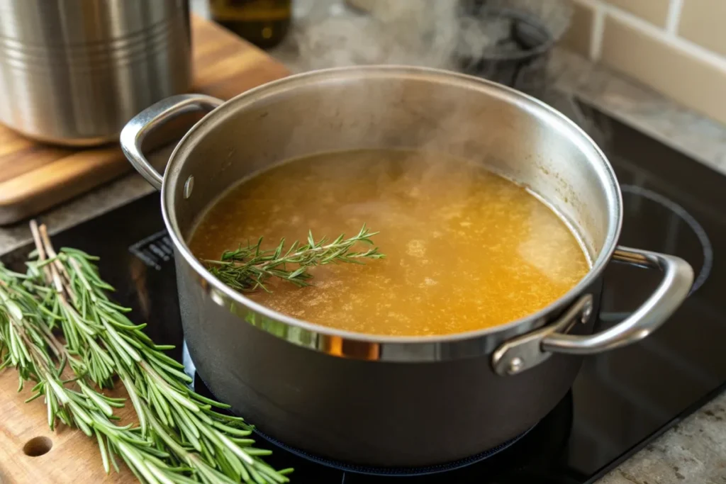 Golden bone broth reduction simmering in a saucepan with fresh herbs.