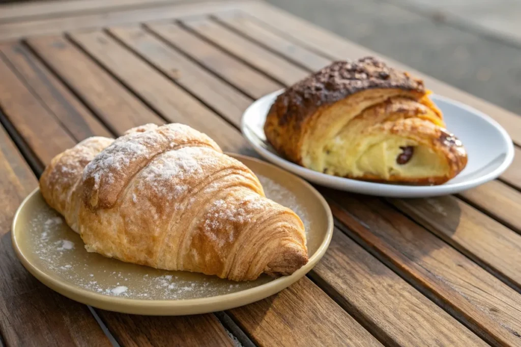 Croissant and gipfeli side by side on a wooden table, showing their distinct textures and shapes.