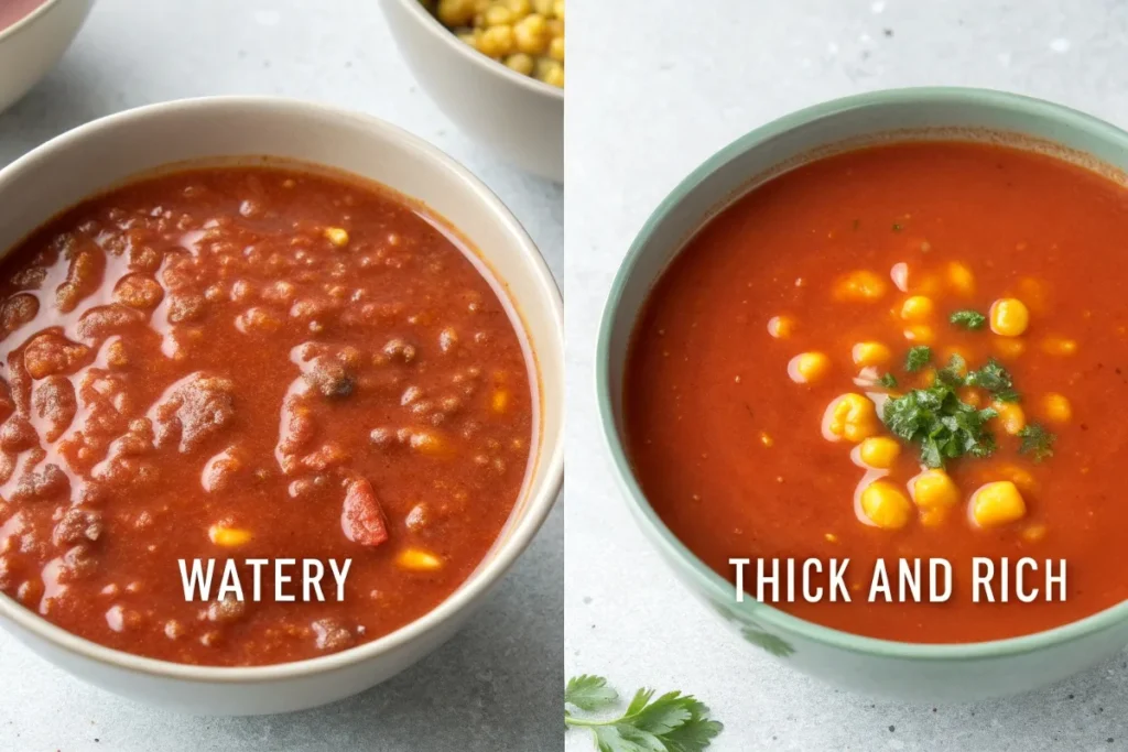 Side-by-side comparison of watery taco soup and thick taco soup, showing differences in consistency.