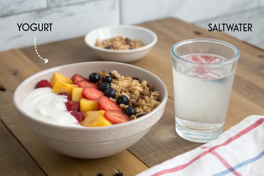 A yogurt bowl with visible ingredients next to a glass of saltwater, comparing a mixture and a solution.