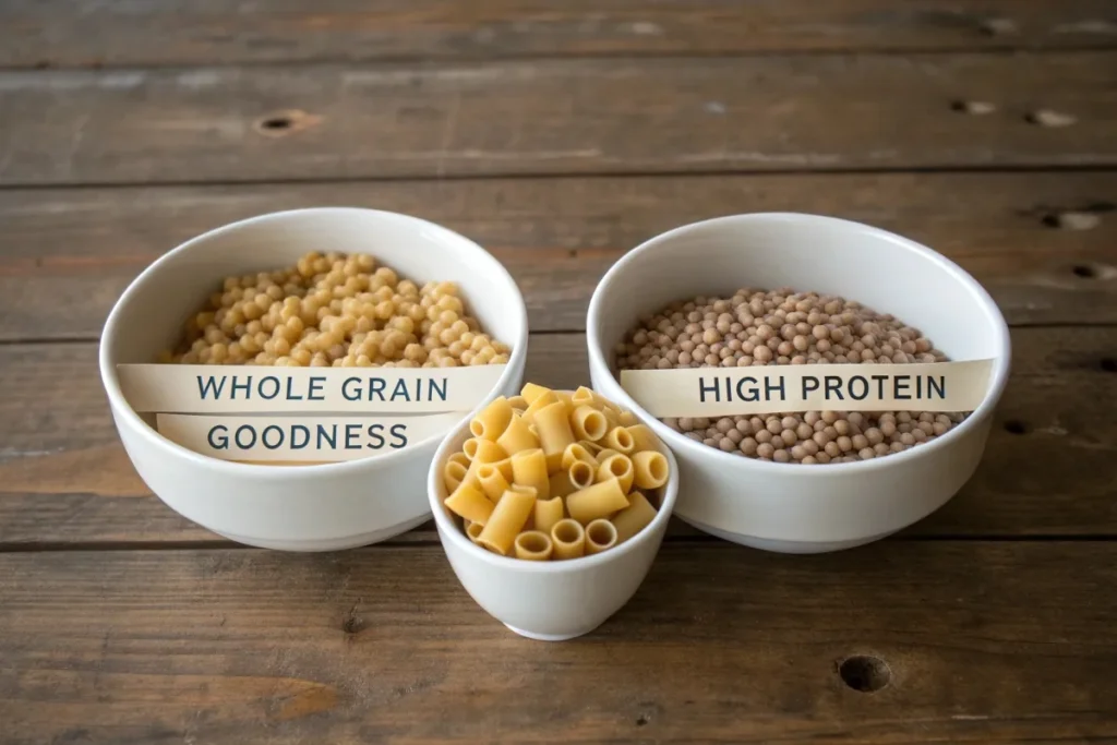 Three bowls showing traditional, whole wheat, and lentil-based ditalini pasta.