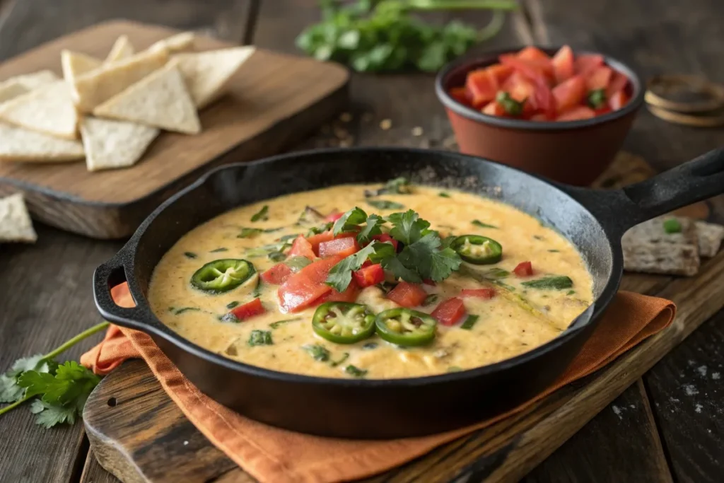 A skillet of smoked queso topped with jalapeños, tomatoes, and cilantro on a rustic table.