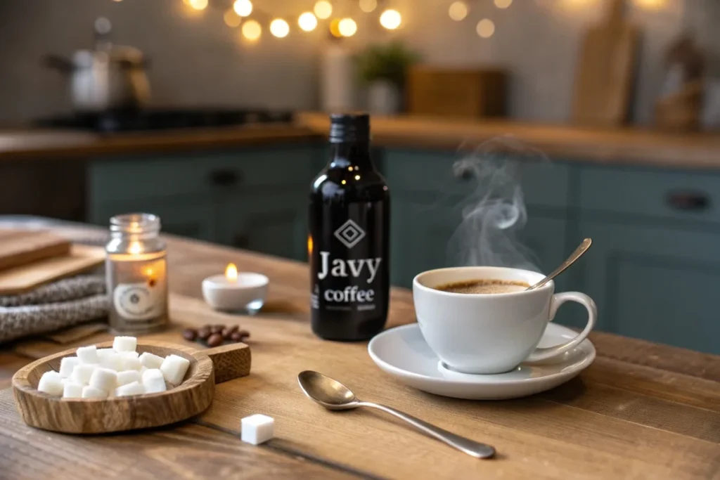 A steaming cup of Javy Coffee next to a bottle of Javy concentrate on a wooden table.