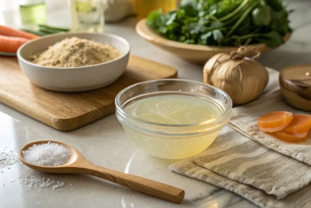 Agar-agar gel in a bowl with vegetable broth and agar powder on a kitchen counter.