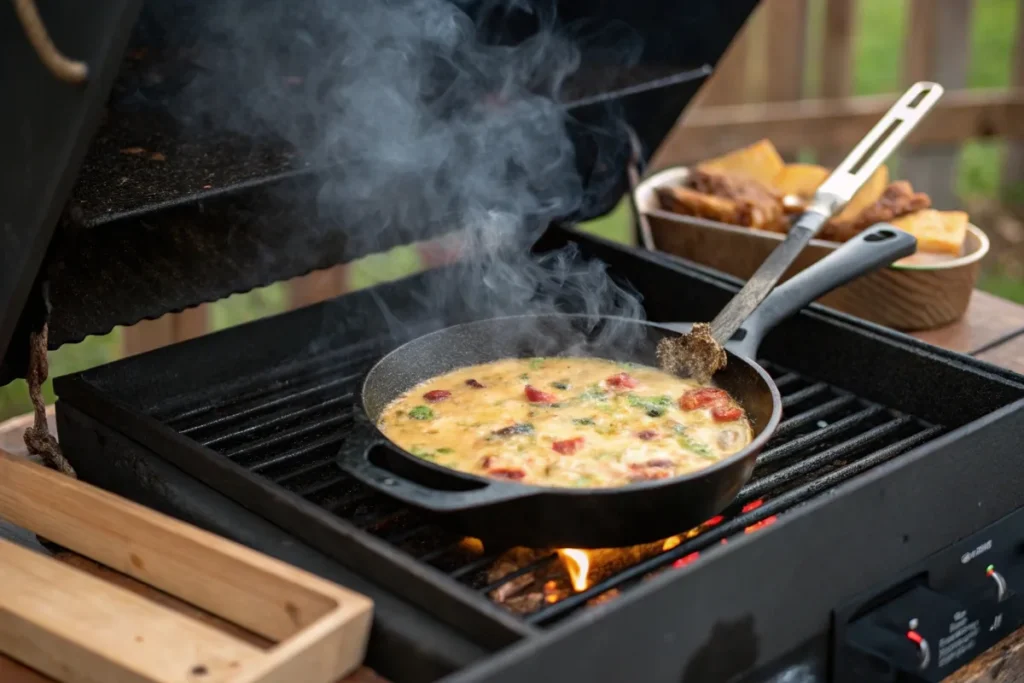 A smoking grill with a skillet of queso and hickory and applewood chunks creating flavorful smoke.