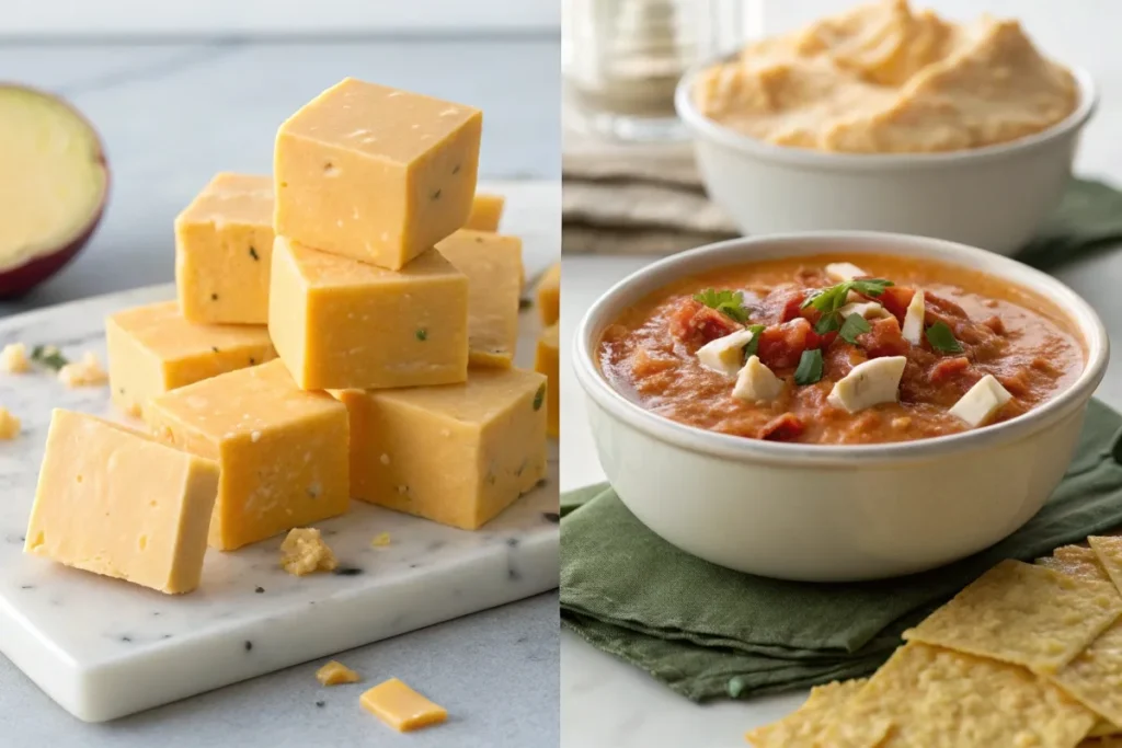 Natural blocks of cheese next to a bowl of Chipotle queso with visible chunks.