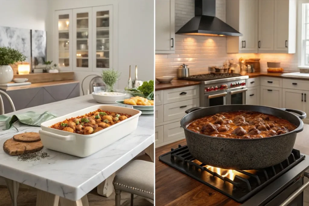 Split image of beefaroni in a modern kitchen and Hungarian goulash cooking in a traditional cauldron.