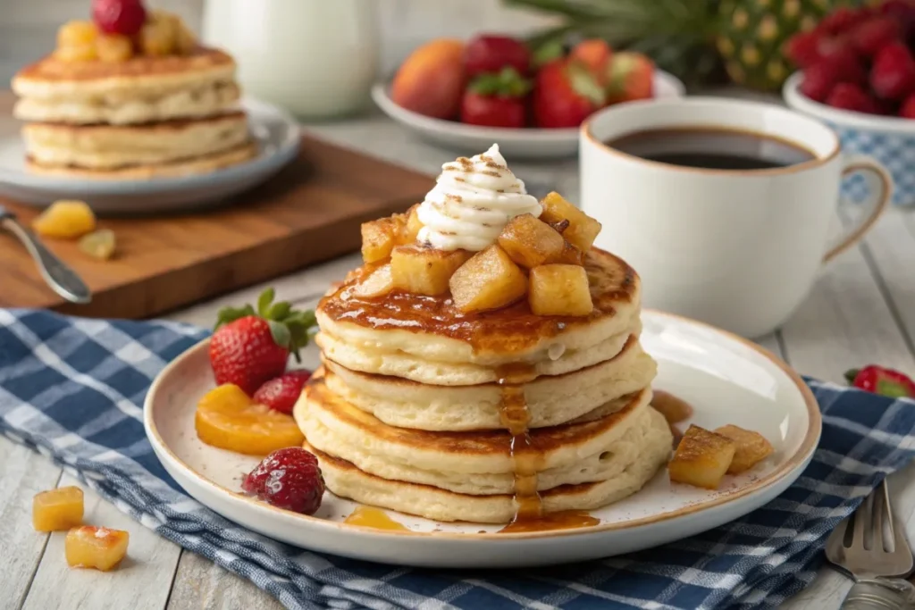 Fluffy pancakes topped with caramelized pineapple and maple syrup.