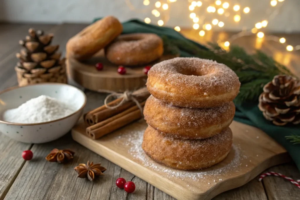 Stack of freshly baked gingerbread donuts with cinnamon sugar, served on a rustic wooden table with festive holiday decorations.